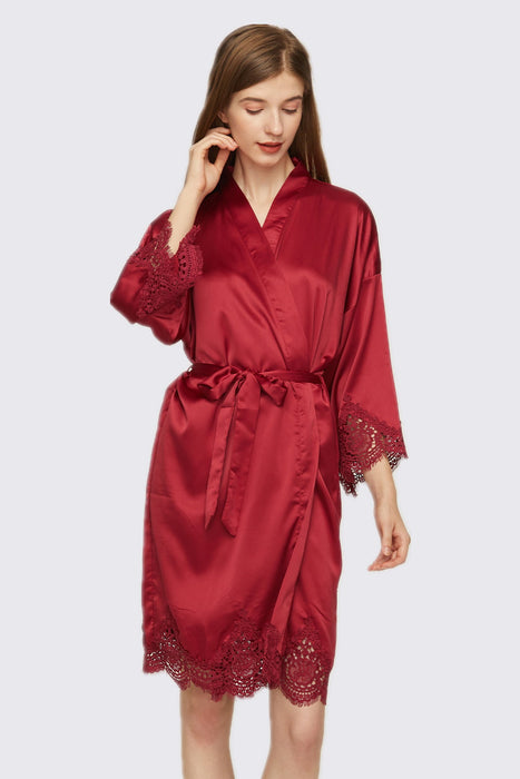 Burgundy Short Satin Lace Robe Bridesmaid Robe Women Sleepwear