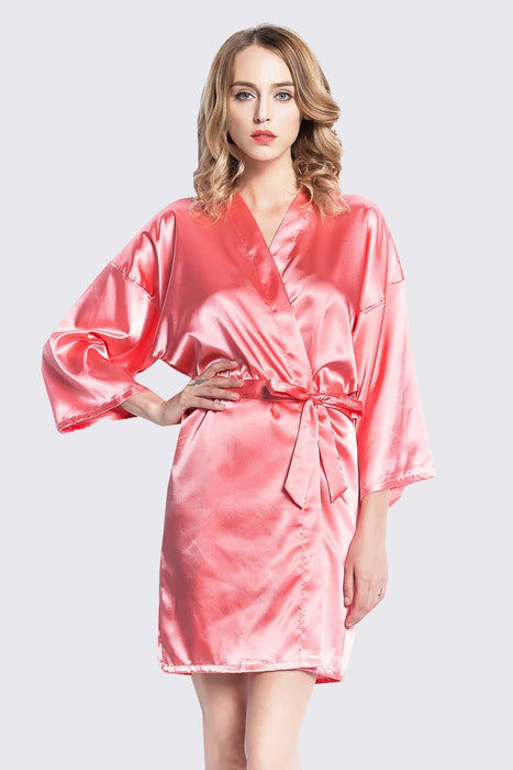 Peach Kimono Satin Robe Short Length For Women