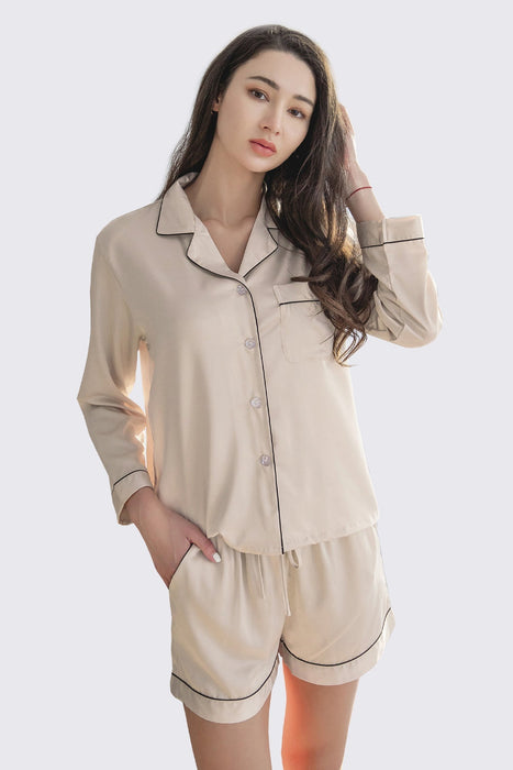 Satin Pajama Set Long Sleeves With Shorts For Women White Sleepwear