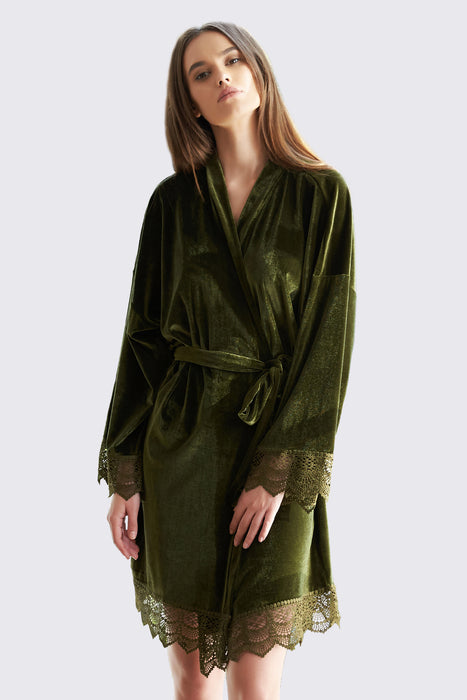 Velvet Short Lace Robe Olive Green Robe For Women