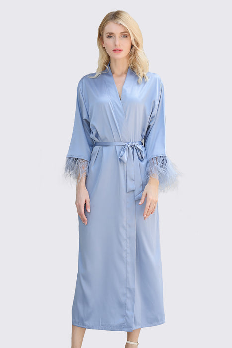 Long Feather Satin Robe For Bridesmaid in Light Blue