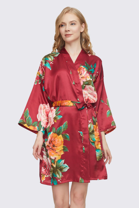 Pink Floral Satin Robe Short Sleepwear