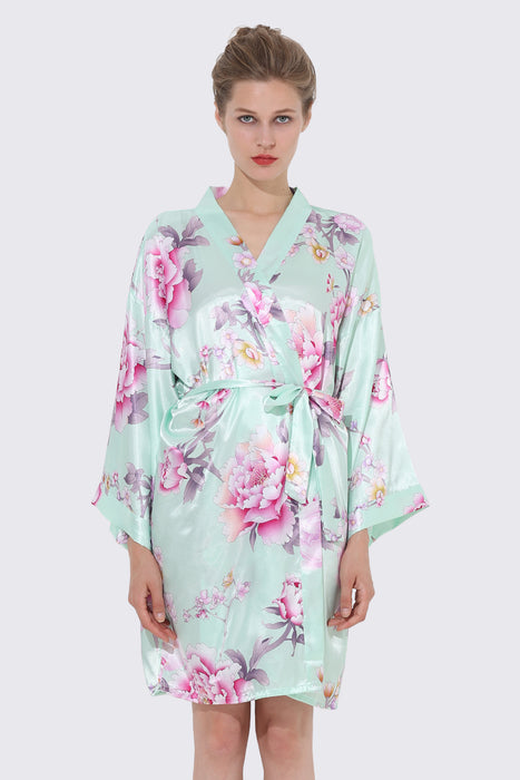 Women Floral Satin Robe Mint Knee Length Sleepwear