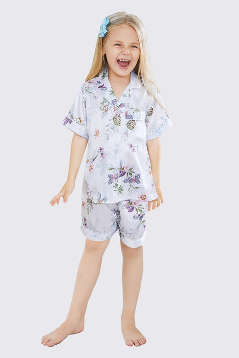 Kid Floral Light Pink Satin Pajama Set Short Length