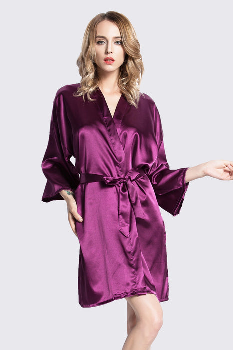 Black Kimono Satin Robe Short Length For Women