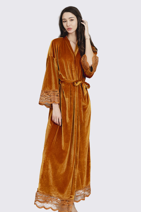 Velvet Lace Long Robe Yellow Bathrobe For Women