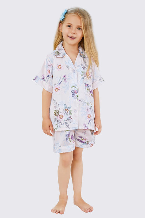 Kid Floral Light Blue Satin Pajama Set Short Length