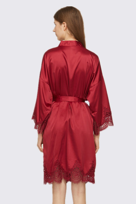 Burgundy Short Satin Lace Robe Bridesmaid Robe Women Sleepwear