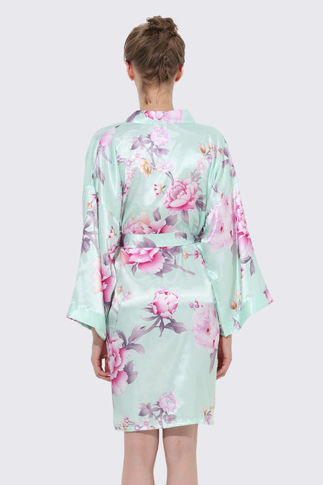 Women Floral Satin Robe Grey Knee Length Sleepwear