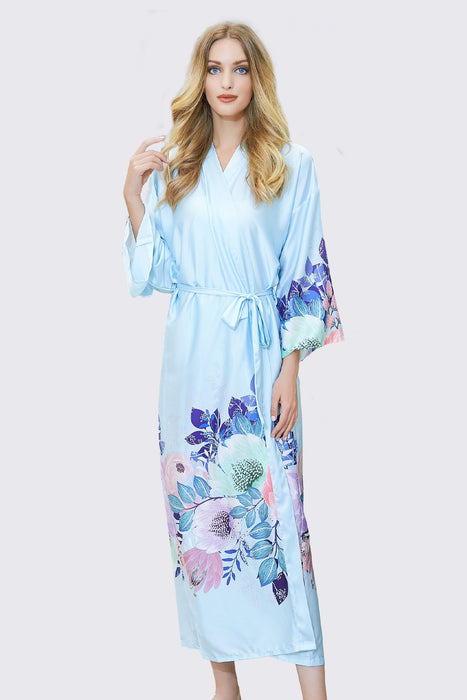 Navy Long Printing Floral Robe Satin Robe For Women