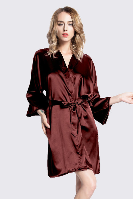 Black Kimono Satin Robe Short Length For Women