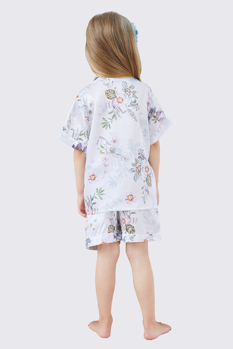 Kid Floral Navy Satin Pajama Set Short Length