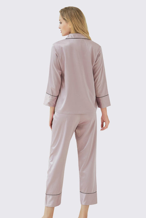 Champagne Long Sleeves Pajama Set With Long Pants Satin Pyjama