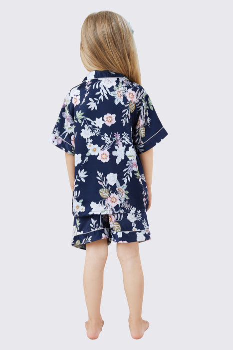 Kid Floral Navy Satin Pajama Set Short Length