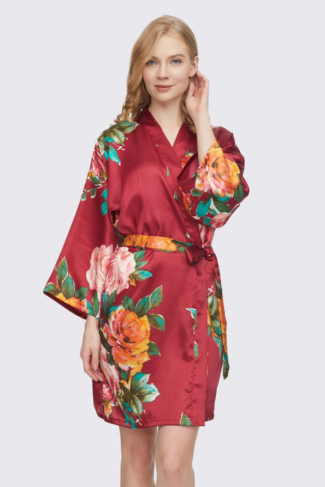 Pink Floral Satin Robe Short Sleepwear