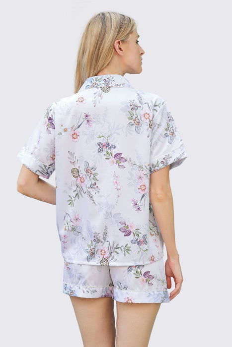 White  Women Satin Floral Short Pyjama Set