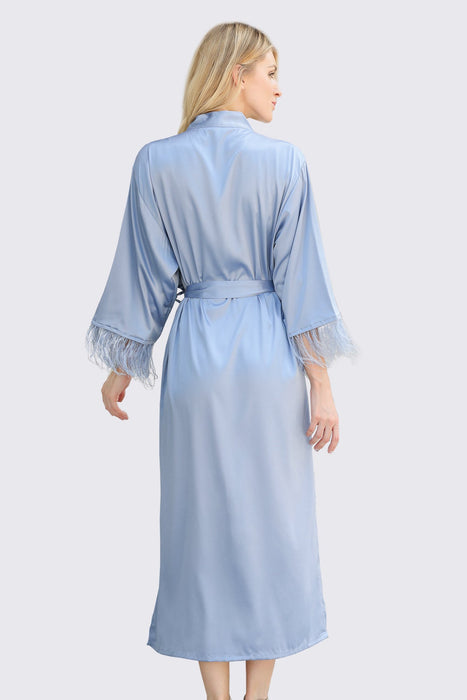 Long Feather Satin Robe For Bridesmaid in Light Blue