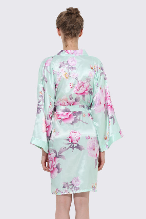 Women Floral Satin Robe Mint Knee Length Sleepwear