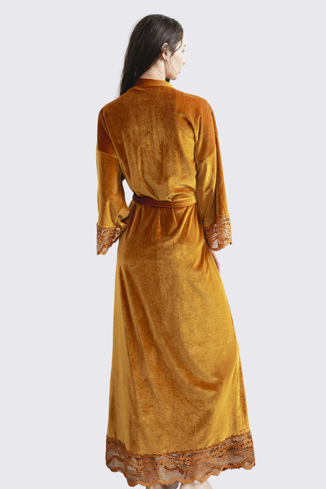 Velvet Lace Long Robe Yellow Bathrobe For Women