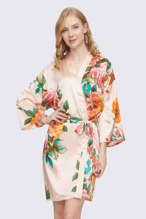 Pink Floral Satin Robe Short Sleepwear