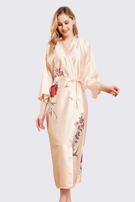 Black Long Printing Floral Robe Satin Robe For Women