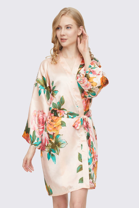 Blush Floral Satin Robe Short Sleepwear