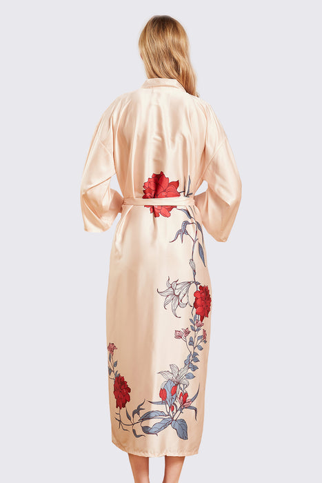 Black Long Printing Floral Robe Satin Robe For Women