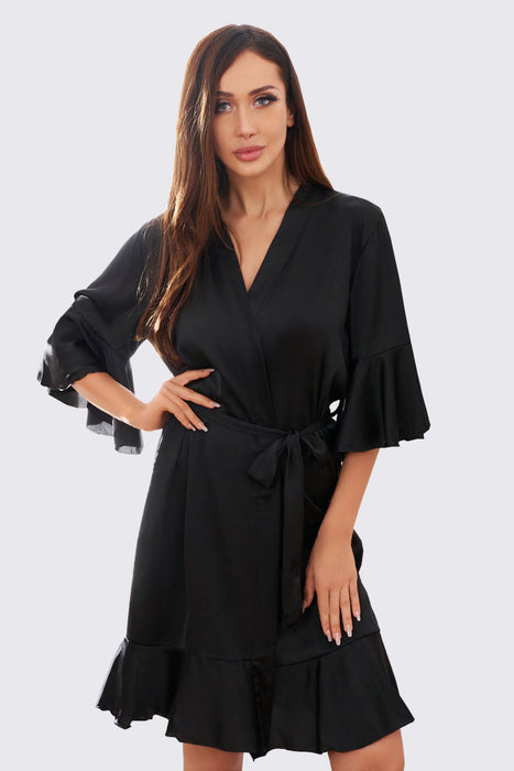 Black Ruffle Silk Robe Satin Solid Bridesmaid Robe