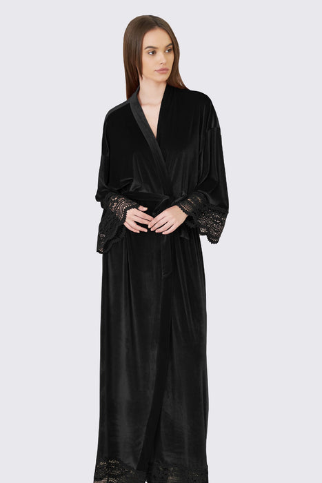 Velvet Lace Long Robe Navy Blue Bathrobe For Women