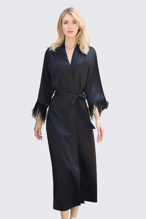 Long Feather Satin Robe For Bridesmaid in Champagne