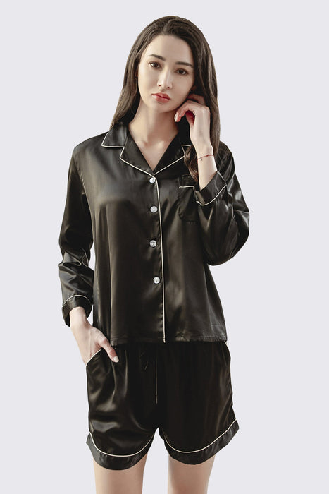 Satin Pajama Set Long Sleeves With Shorts For Women Black Sleepwear