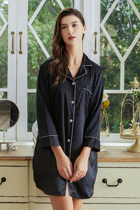 White Satin Shirt Knee Length For Women Sleepwear