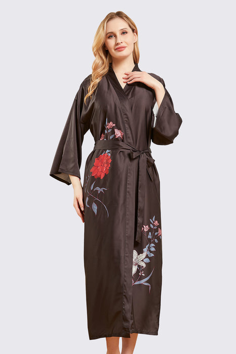 Black Long Printing Floral Robe Satin Robe For Women