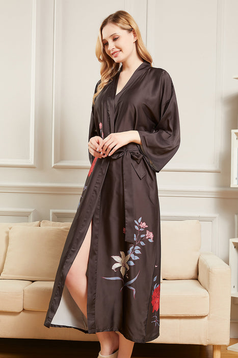 Black Long Printing Floral Robe Satin Robe For Women