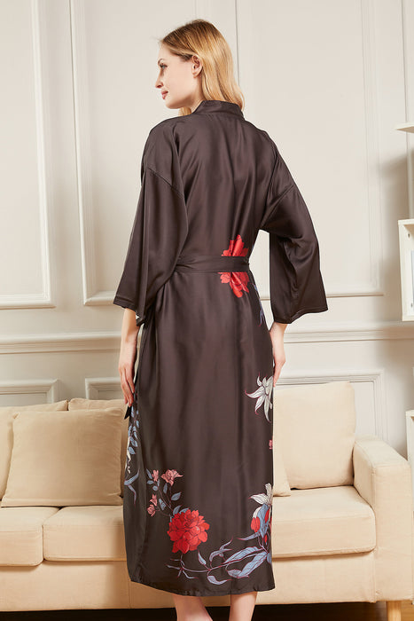 Black Long Printing Floral Robe Satin Robe For Women