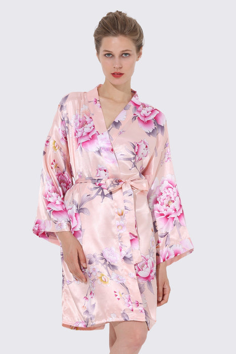 Women Floral Satin Robe Grey Knee Length Sleepwear