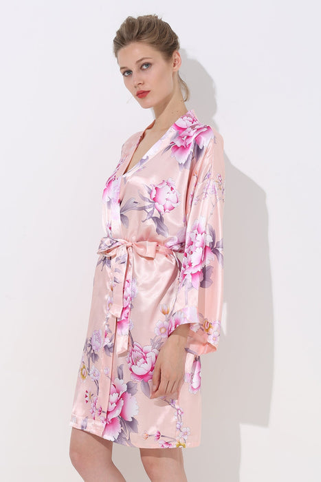 Women Floral Satin Robe Grey Knee Length Sleepwear