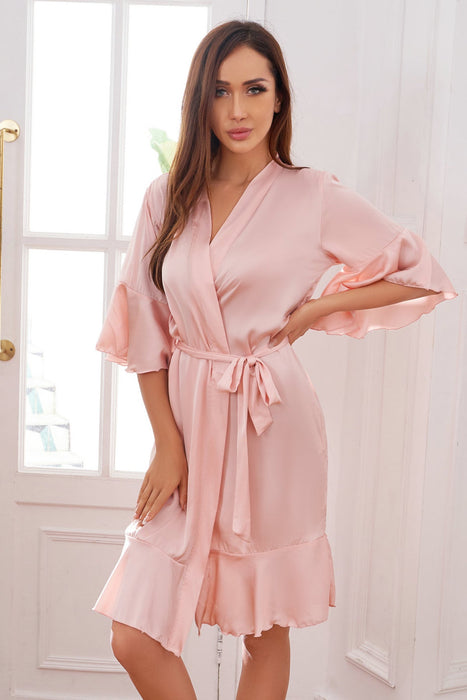 Black Ruffle Silk Robe Satin Solid Bridesmaid Robe