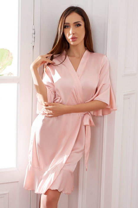 Pink Ruffle Silk Robe Satin Solid Bridesmaid Robe