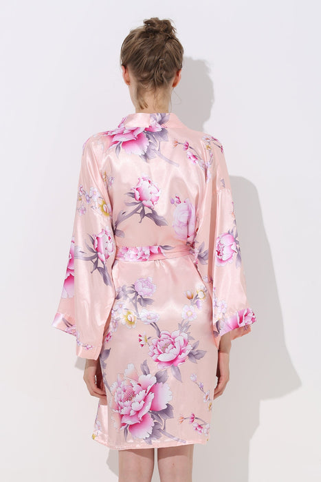 Women Floral Satin Robe Blush Knee Length Sleepwear