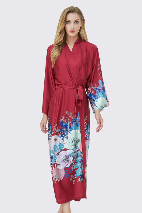 Long Printing Floral Robe Satin Robe For Women