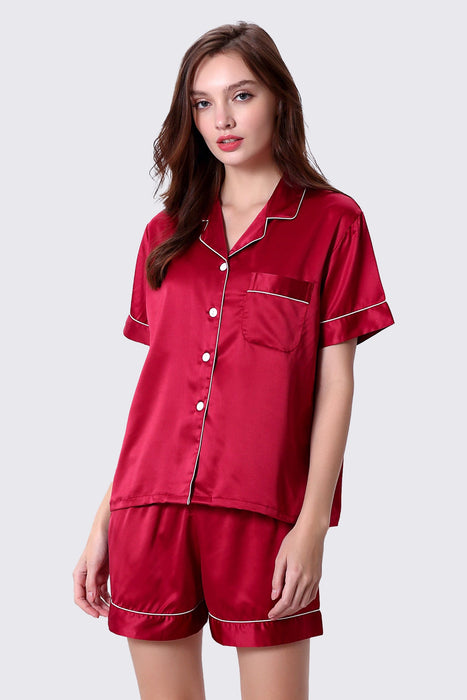 Dusty Rose Women Short Satin Solid Pajama Set With Shorts