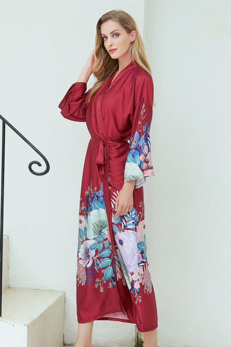 Navy Long Printing Floral Robe Satin Robe For Women