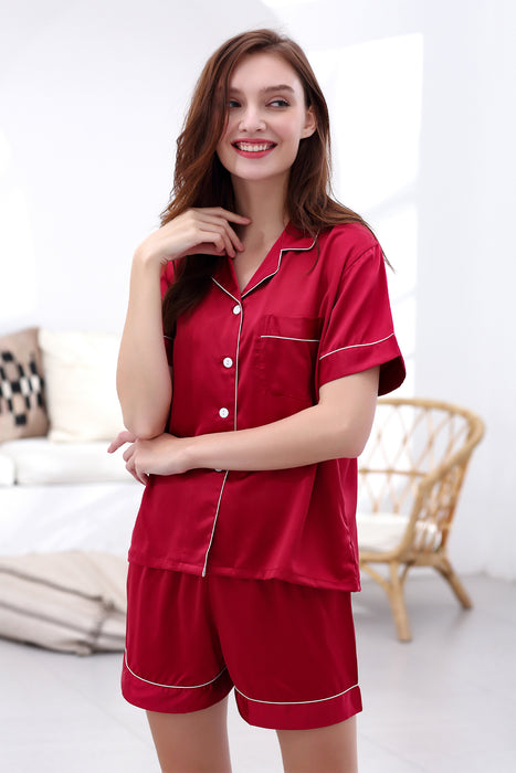 Women Short Satin Solid Pajama Set With Shorts