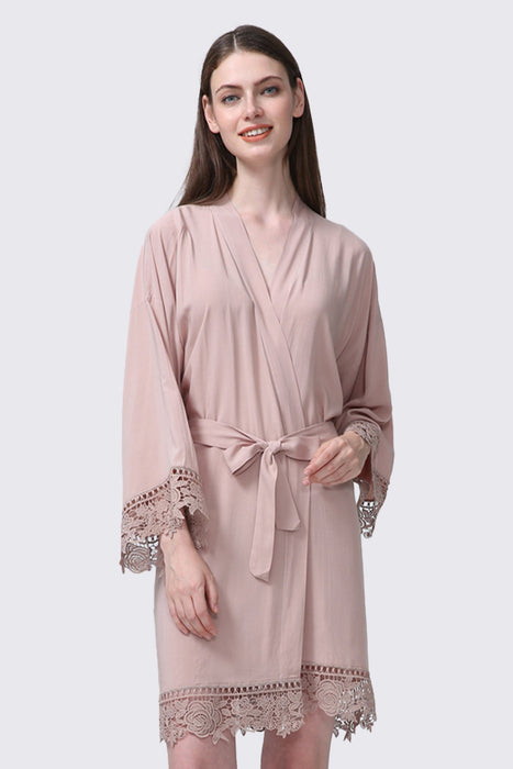 Mauve Rayon Cotton Floral Lace Robe For Women Bridal Robe