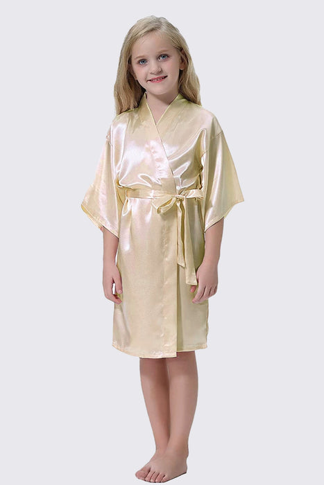 Green Kid Satin Plain Robe Kimono Kid's Robe