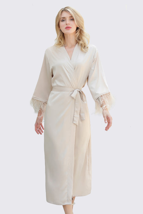 Long Feather Satin Robe For Bridesmaid in Light Blue