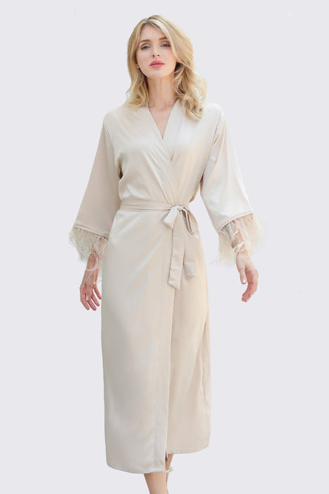 Long Feather Satin Robe For Bridesmaid in Champagne