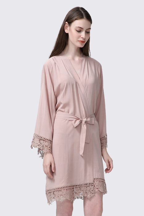 Mauve Rayon Cotton Floral Lace Robe For Women Bridal Robe