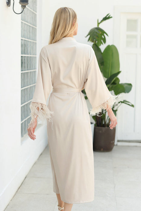 Long Feather Satin Robe For Bridesmaid in Champagne